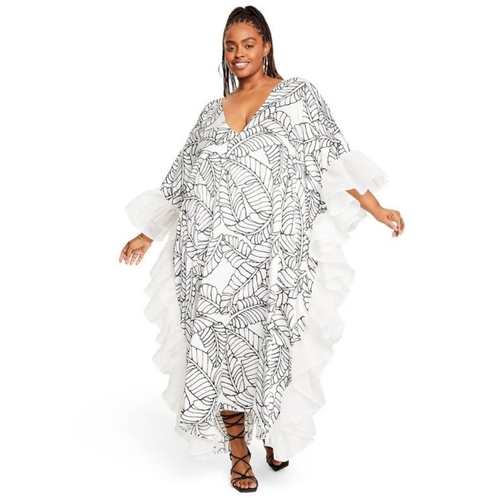 Fe Noel Kaftan- Palm Leaf Print Ruffle Trim Cover… - image 1